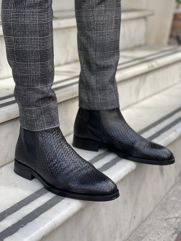 Sardinelli Aarau Black Woven Leather Chelsea Boots