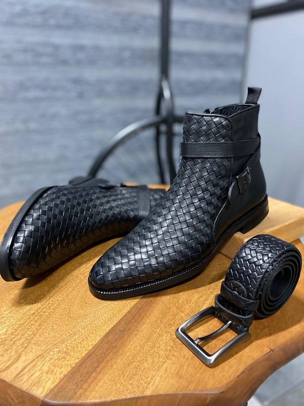 Sardinelli Bilbao Black Woven Leather Buckle Chelsea Boots