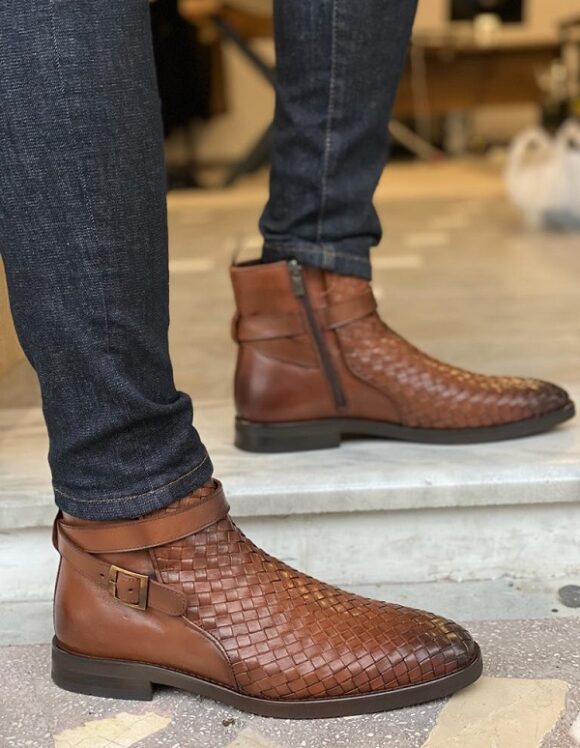 Sardinelli Bilbao Brown Woven Leather Buckle Chelsea Boots