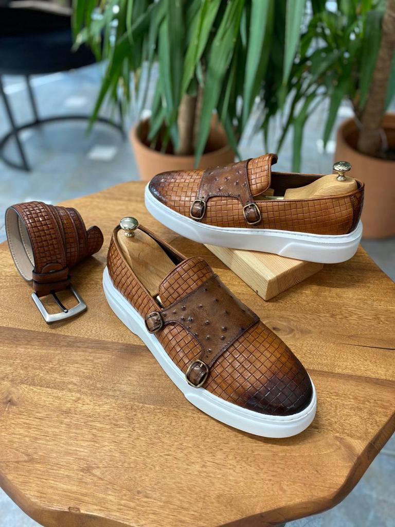 Sardinelli Laguna Tan Woven Leather Monk Strap Loafers