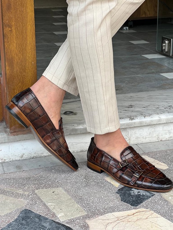 Vintage Men's & Split Leather Crocodile Skin Pattern Slip on Moccasin Shoes