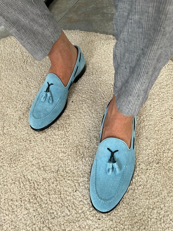 Men Blue Loafer Tassel Suede Leather Shoes - Leather Skin Shop
