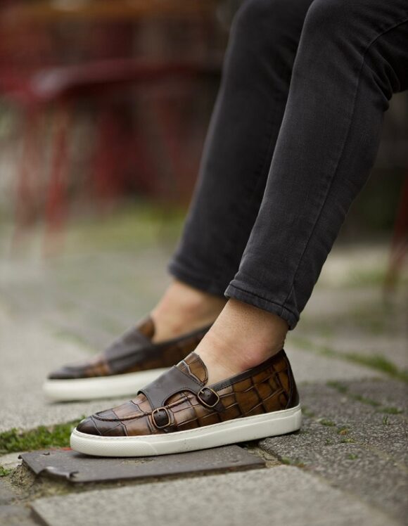 Sardinelli Lecce Brown Crocodile Pattern Monk Strap Shoes